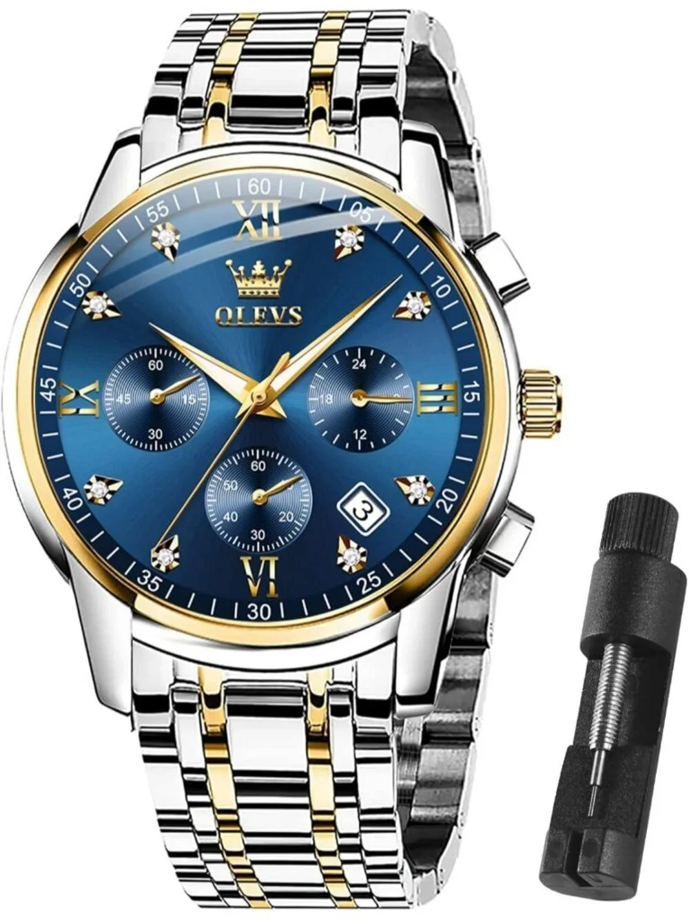 Olevs Men Silver Gold Multifunction Blue Face Waterproof Chronograph Wrist Watch